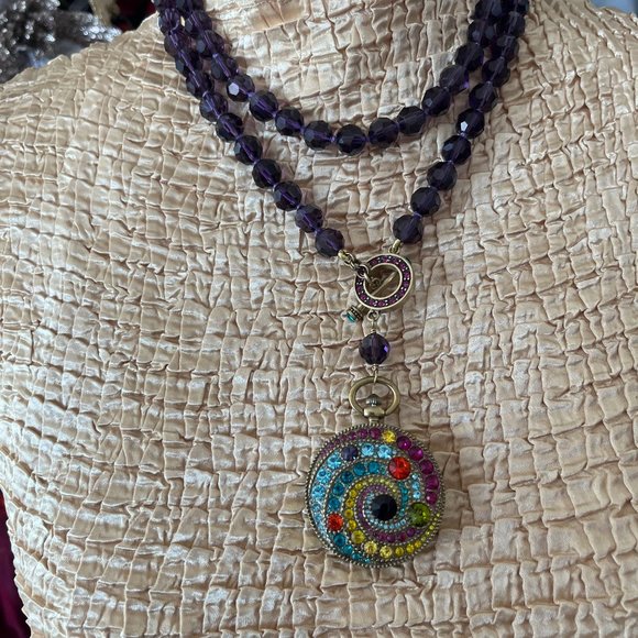 Heidi Daus multi color stone pendant that flips over to a functional timepiece - Picture 3 of 6